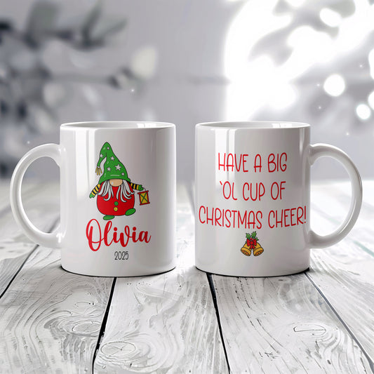Customizable Gnome Christmas Coffee Mug, Big Cheer Cup, Stocking Stuffer