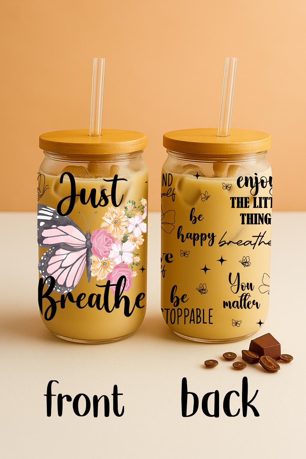 Floral Just Breathe Tumbler: Butterfly Inspired Self-Motivation Gift Cup