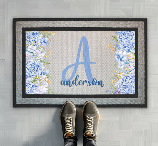 Custom Floral Initial Door Mat, Personalized Monogram Letter Rug