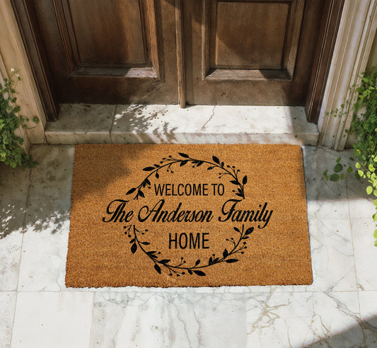 Custom Family Name Berry Wreath Doormat, Welcome To Home Coirmat