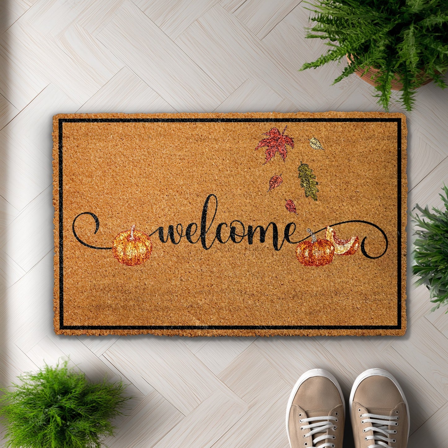Fall Fun: Pumpkin Welcome Doormat, Cute Leaves - Happy Halloween
