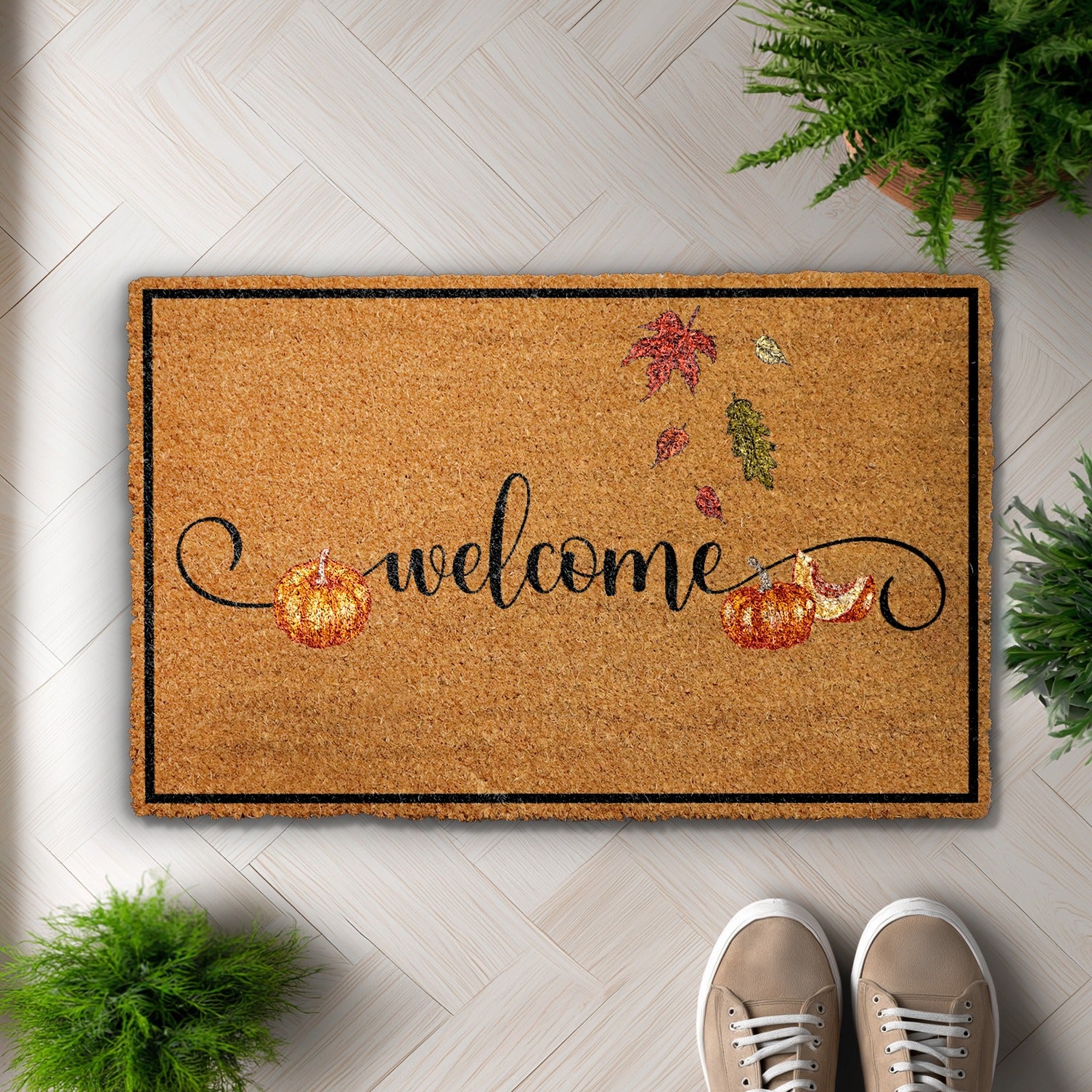 Fall Fun: Pumpkin Welcome Doormat, Cute Leaves - Happy Halloween