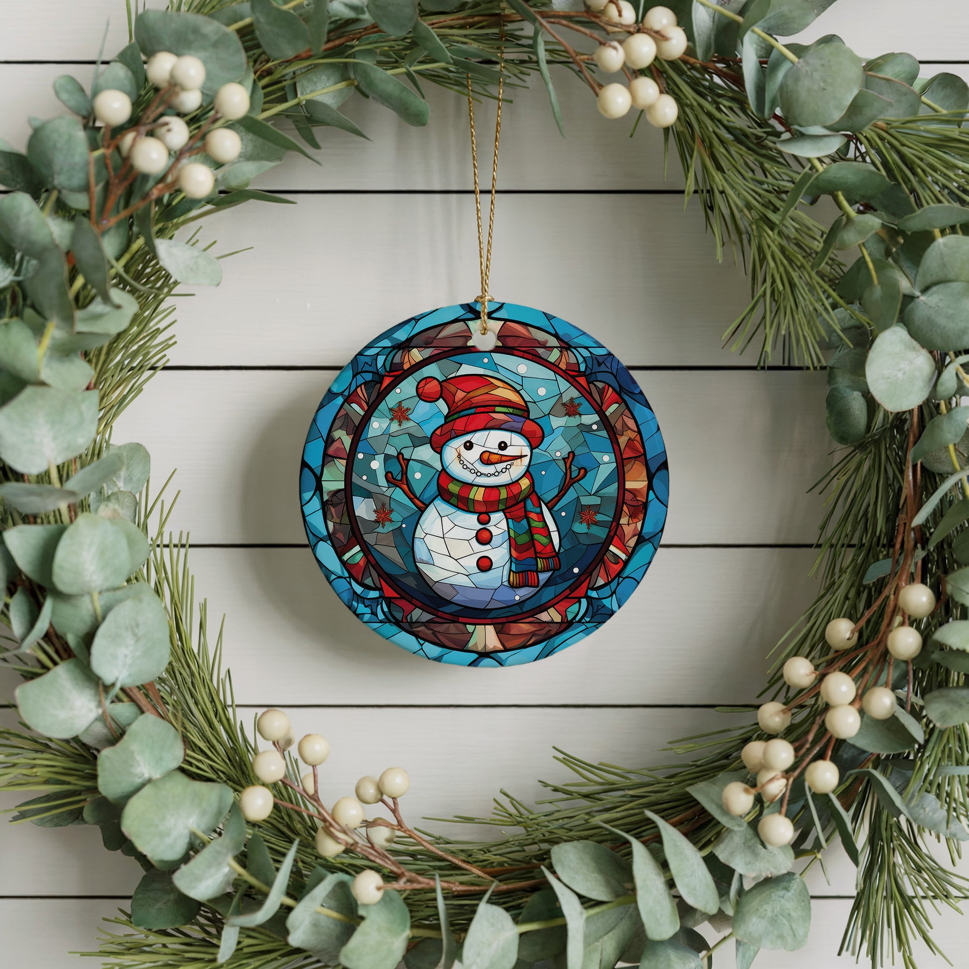 Snowman Themed Ceramic Ornament, Stained Glass Christmas Keepsake, Vibrant Design