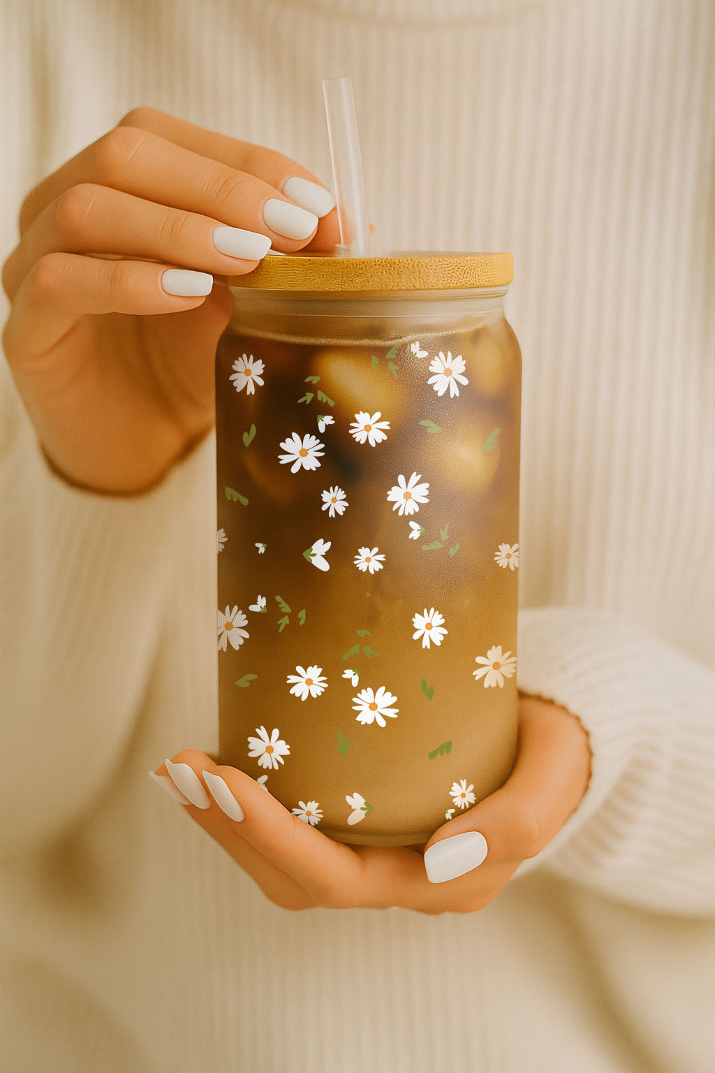 Floral Glass Tumbler, Eco-Friendly Bamboo Lid Cup, Nature Lover Gift