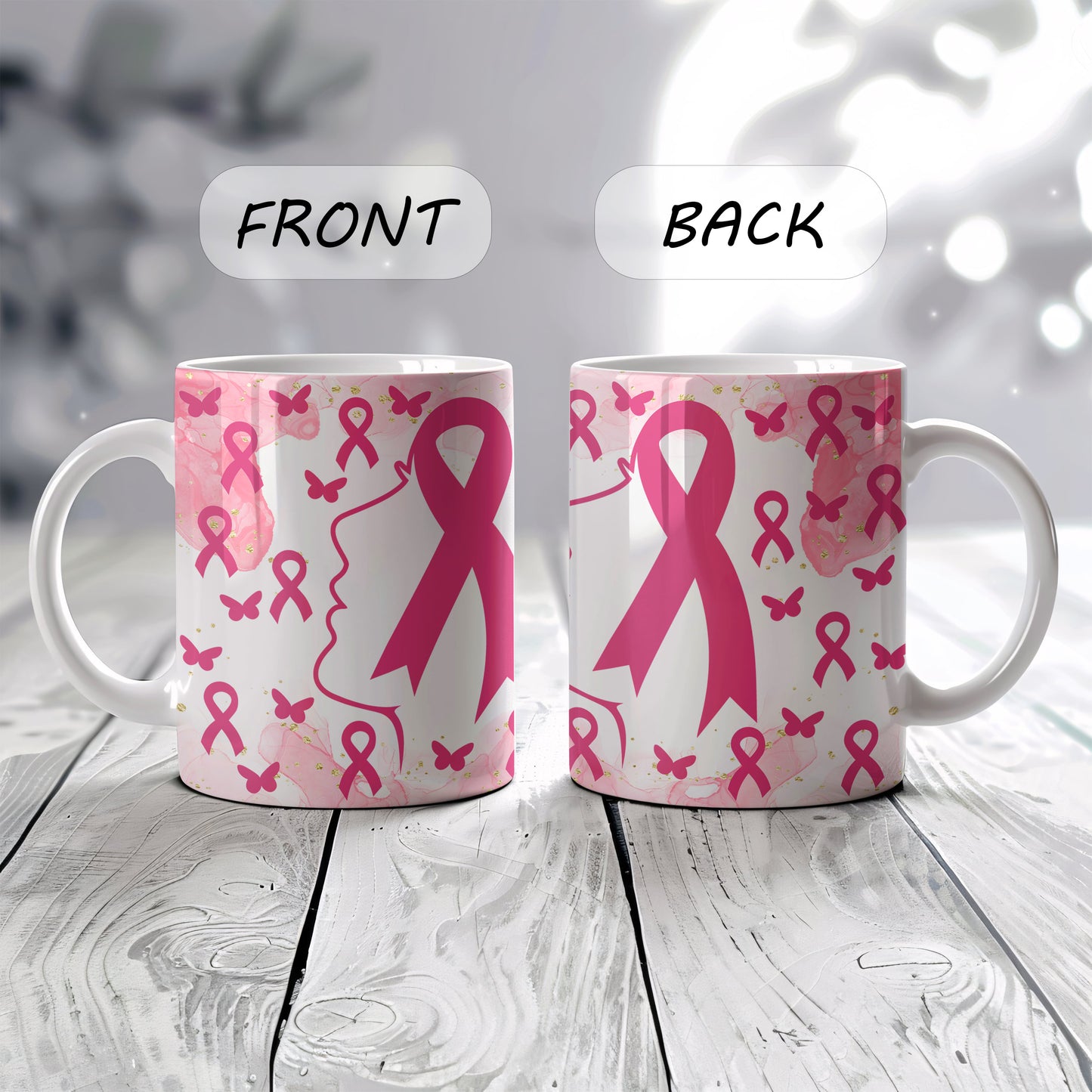Cute Pink Ribbon Mug, Cancer Fighter Support Ceramic Cup.
