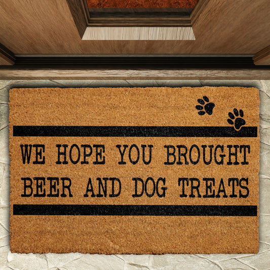 Dog Lover's Funny Welcome Mat: Beer, Treats, Paw Prints!