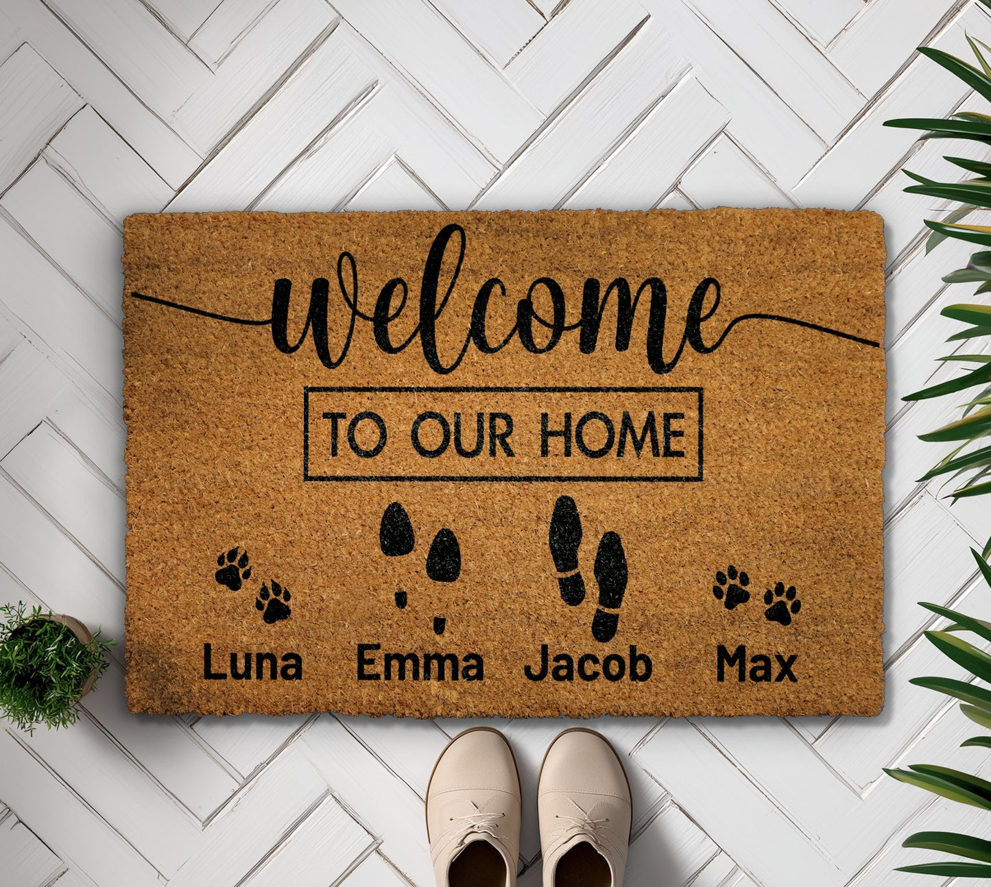 Custom Family & Pet Name Doormat, Personalized Paw Print Porch Decor