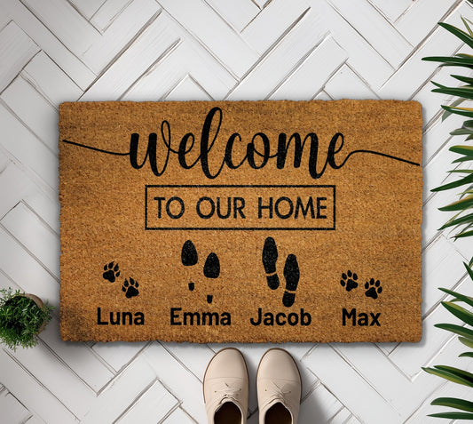 Custom Family & Pet Name Doormat, Personalized Paw Print Porch Decor