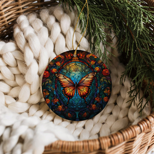 Vibrant Stained Glass Monarch Butterfly Ceramic Ornament, Nature Lover Keepsake