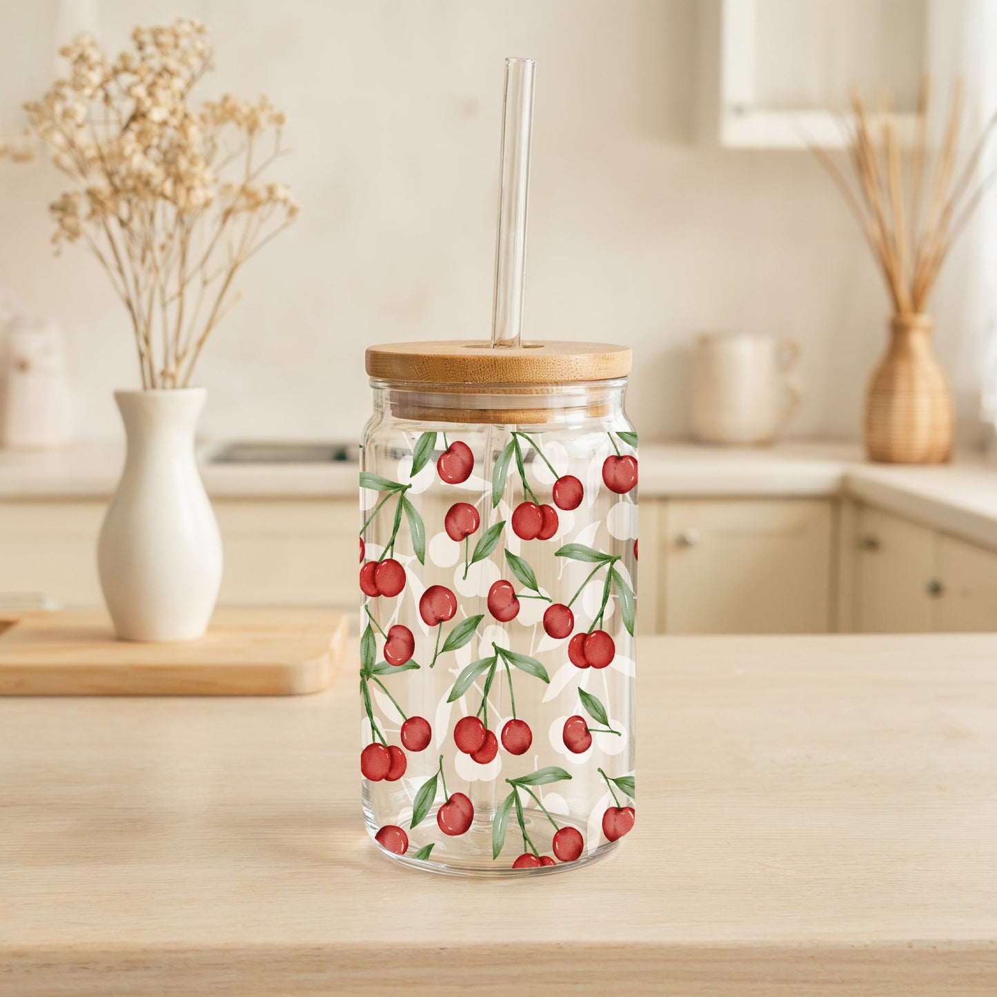 Trendy Cherry Tumbler, Bamboo Lid, Eco-Friendly, Summer Smoothie Cup