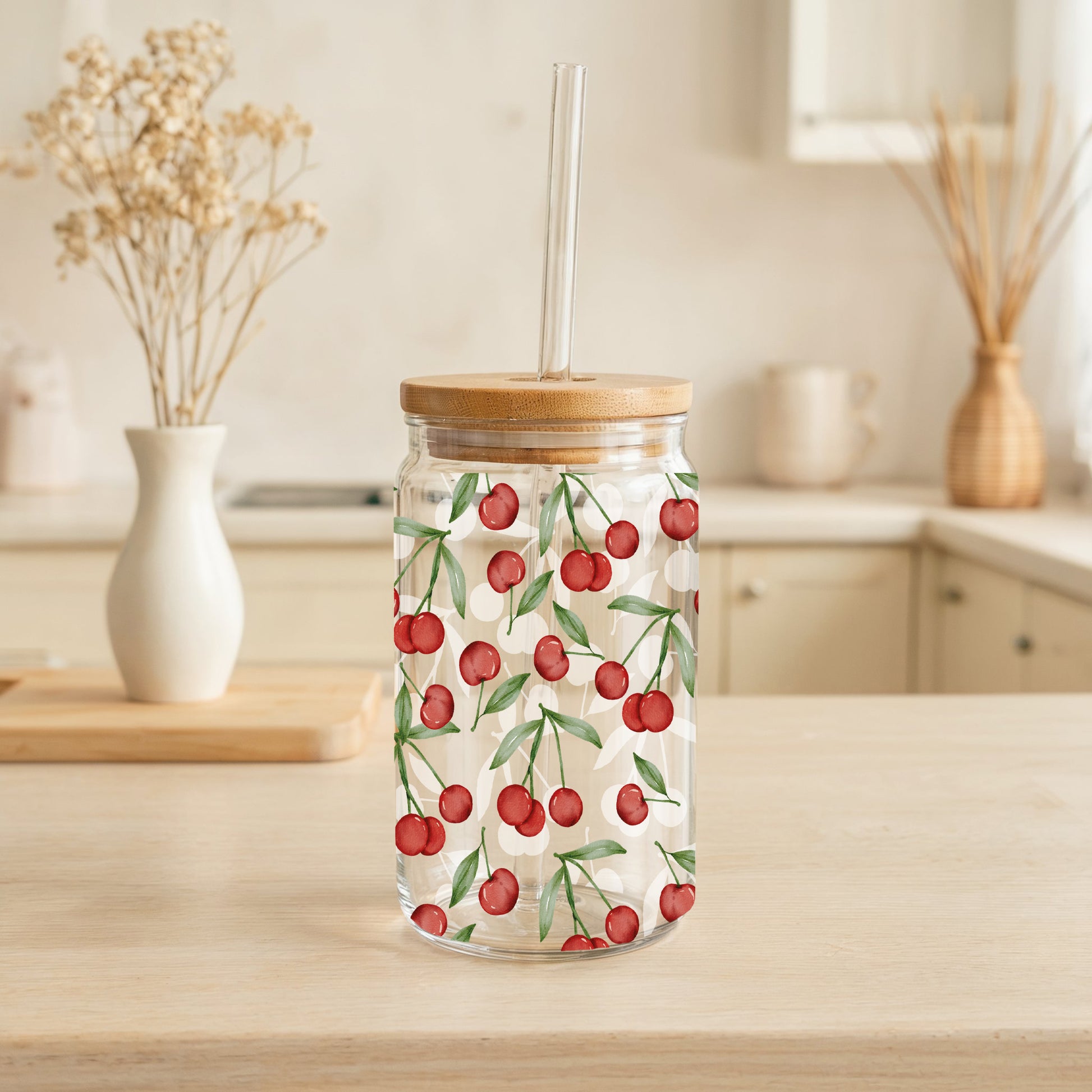 Trendy Cherry Tumbler, Bamboo Lid, Eco-Friendly, Summer Smoothie Cup