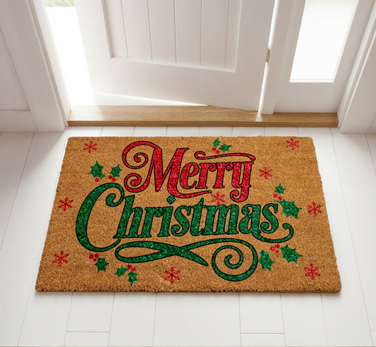 Festive Holly & Berries Doormat, Cheerful Xmas Home Decor Accessory