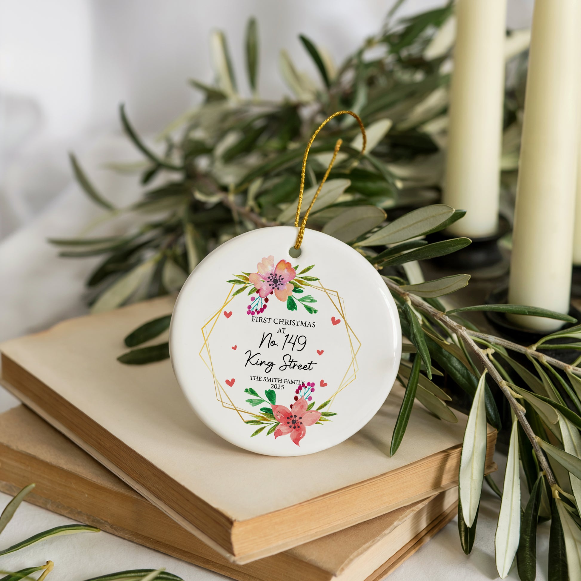 Personalized New Address Family Christmas Ornament, Floral Ceramic Keepsake