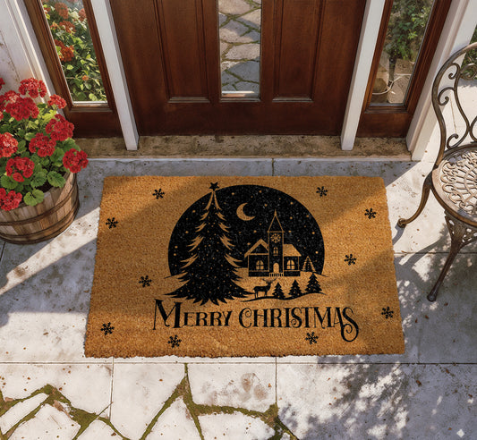 Vintage Xmas Church Scene Doormat, Classic Winter Housewarming Decor