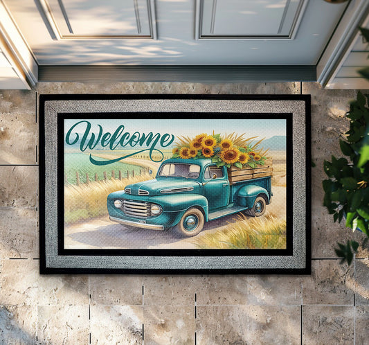 Retro Truck, Sunflowers Welcome Doormat – Country Style Front Door