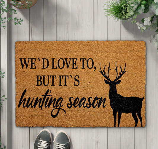 Welcome hunters with our rustic hunting lodge doormat, featuring deer silhouette.