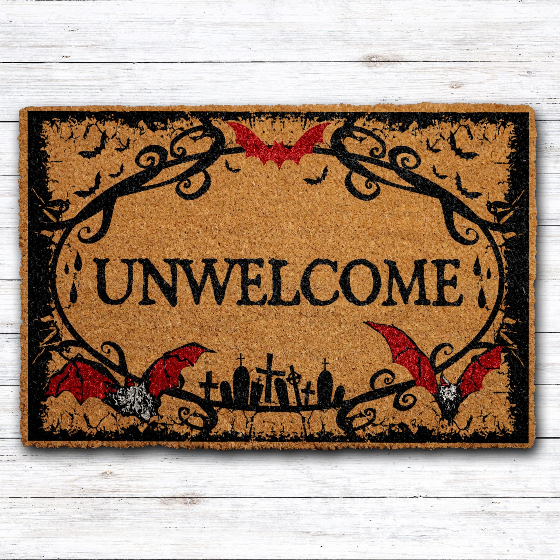 Gothic Bat Doormat, Spooky Vampire Welcome Mat for Halloween Decor.