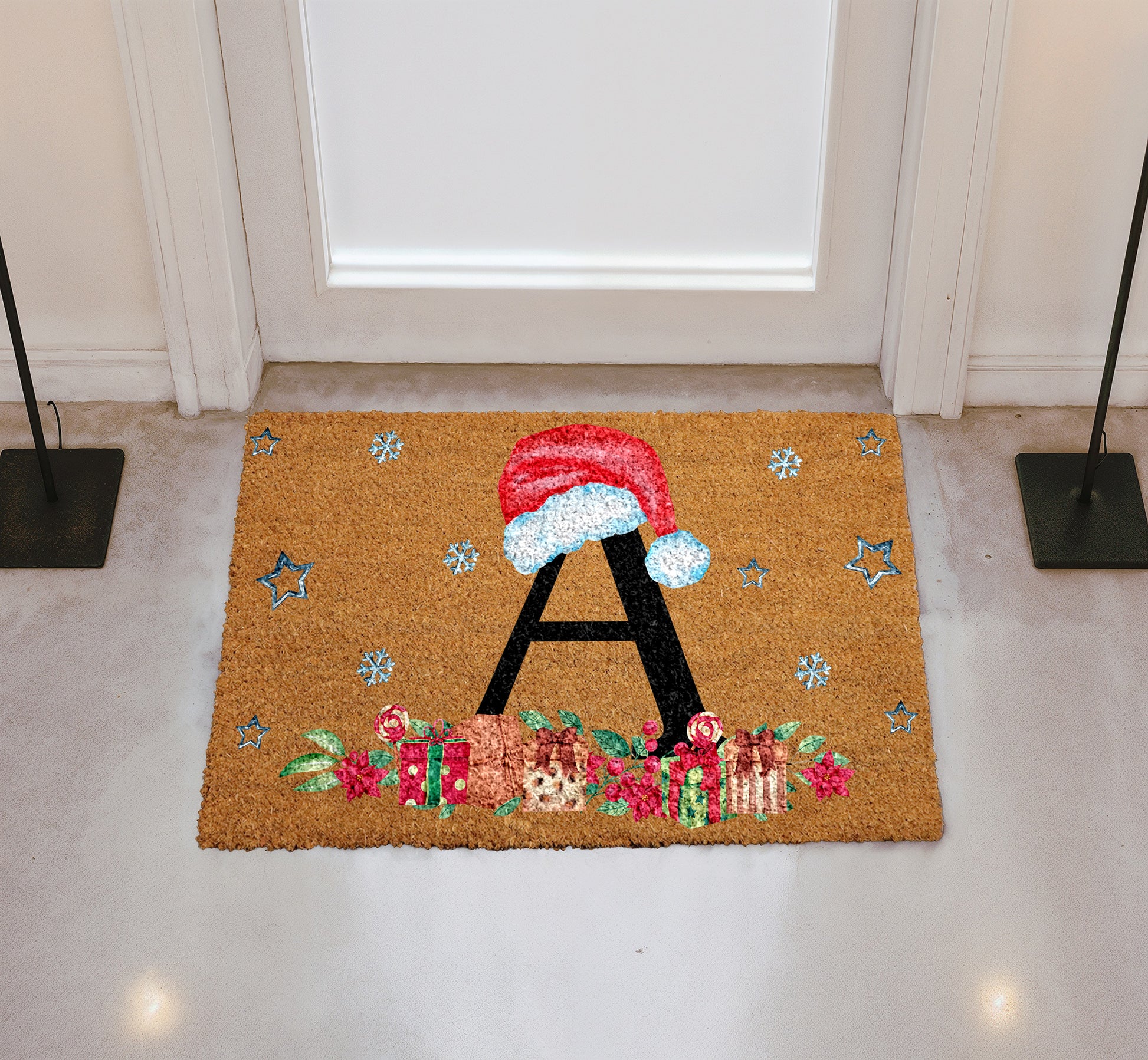 Santa Hat Initial Welcome Mat, Personalized Christmas Monogram Doormat