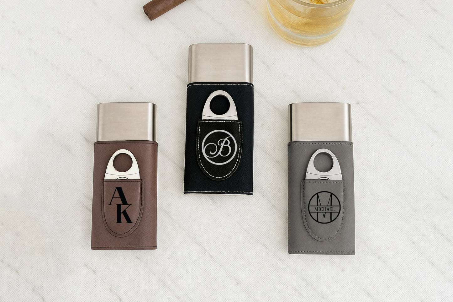 Personalized Vegan Leather Cigar Case with Cutter, Ideal Gift for Him