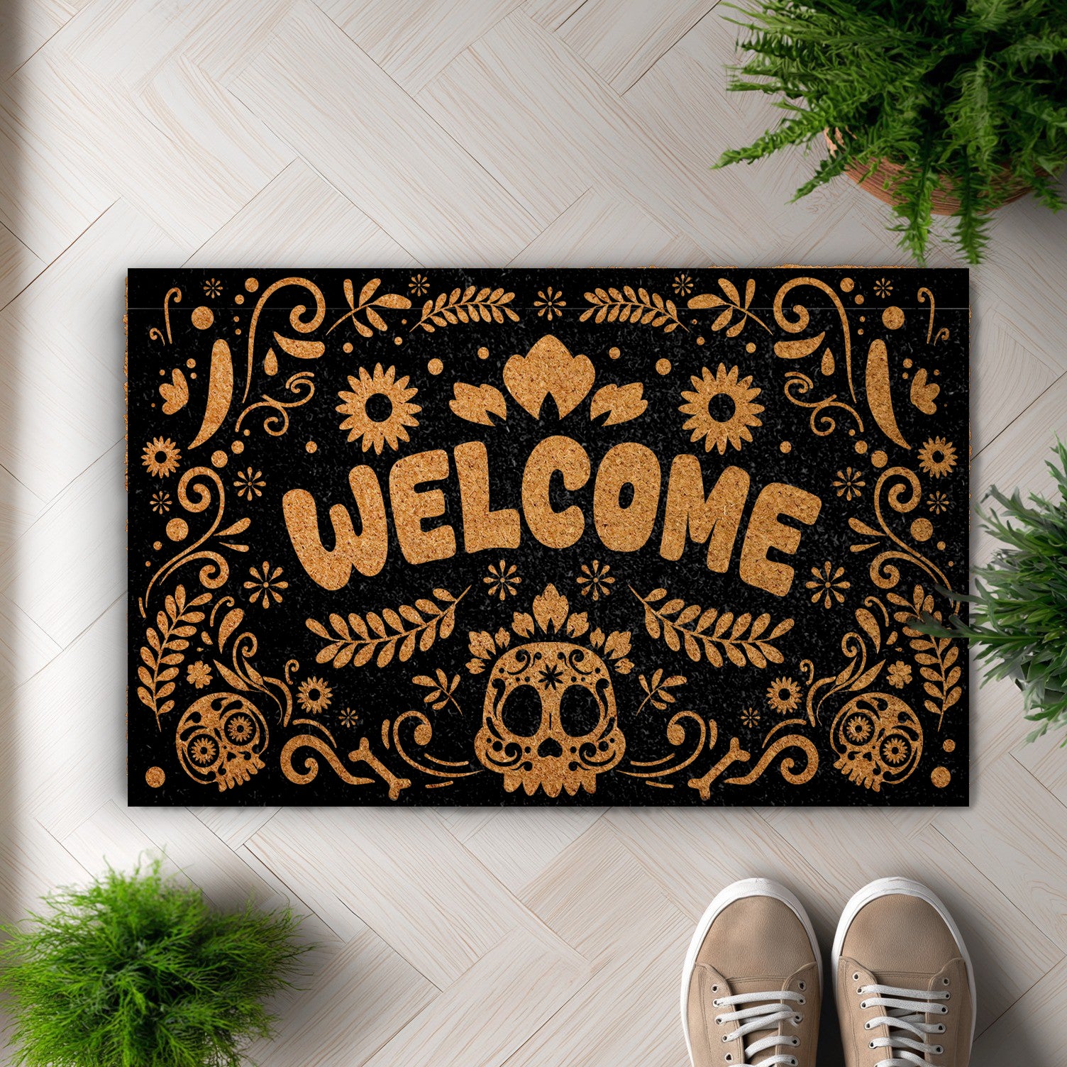 Spooky Season: Sugar Skull Welcome Mat, Mexican Folk Art Doormat