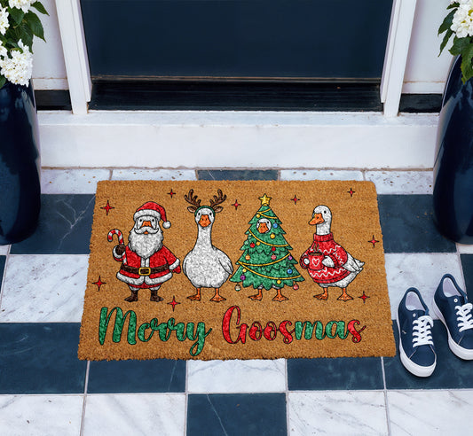 Festive Merry Goosmas Doormat, Funny Goose & Santa Holiday Gift