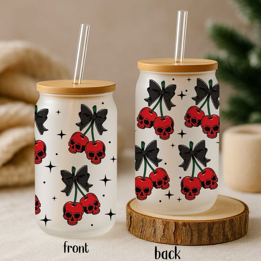 Celebrate Halloween with Cherry Skulls Can Glass Tumbler, A Spooky Delight!