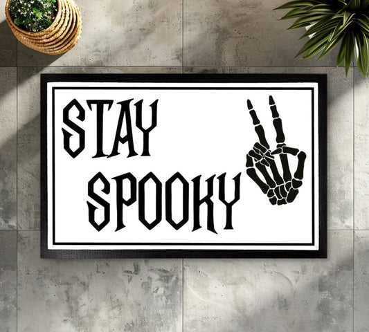Welcome Fall with Skeleton Peace Sign Indoor Mat, a Spooky Addition!