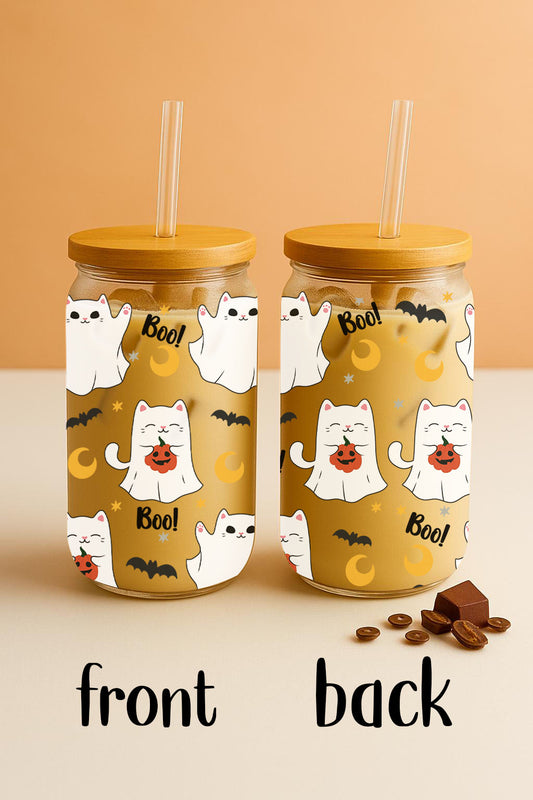 Spooky Season Ghost Cats, Pumpkin Iced Coffee Glass Tumbler