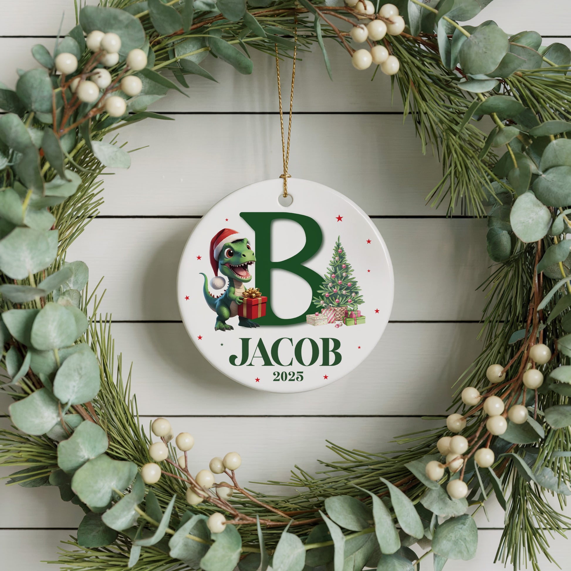 Personalized Dino Santa Ornament, Festive Ceramic Keepsake for Family Celebrations