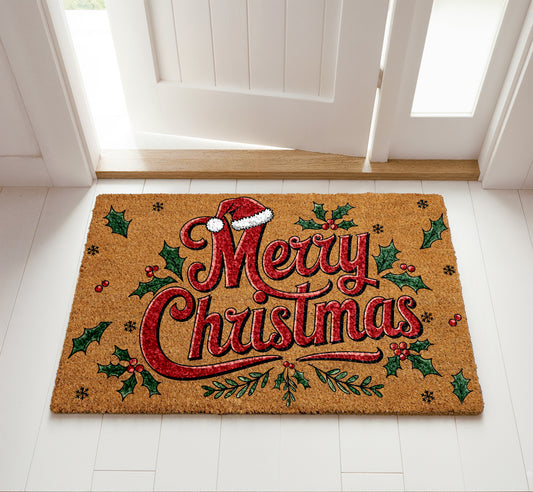 Cozy Winter Mat: Merry Christmas Doormat, Festive Santa Hat Design