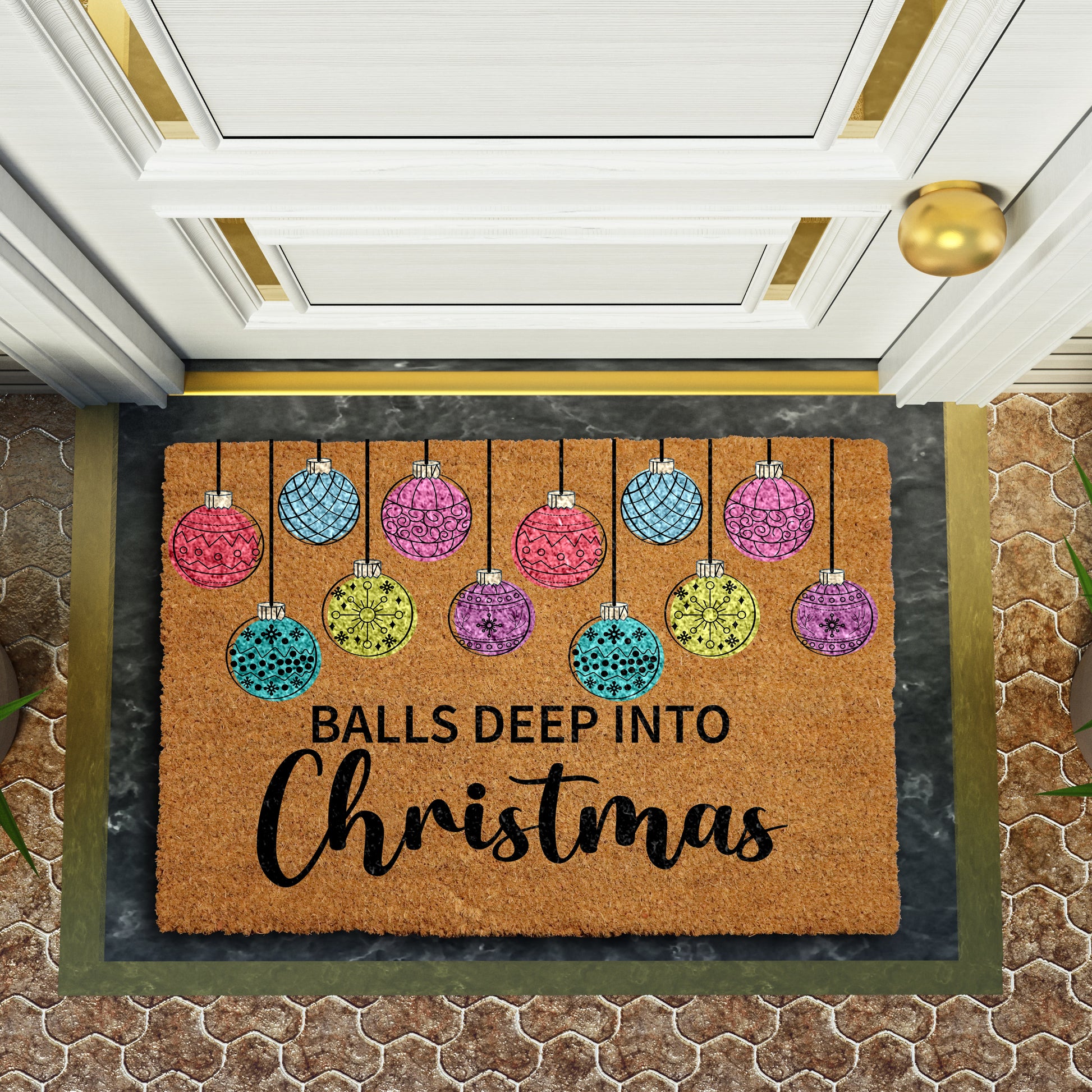 Festive Humor: Balls Deep Into Christmas Doormat, Xmas Housewarming Gift