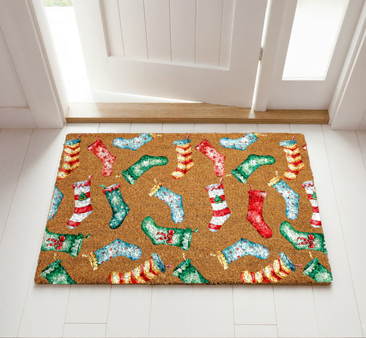 Cozy Christmas Welcome Mat, Festive Winter Housewarming Decor, Xmas Coir
