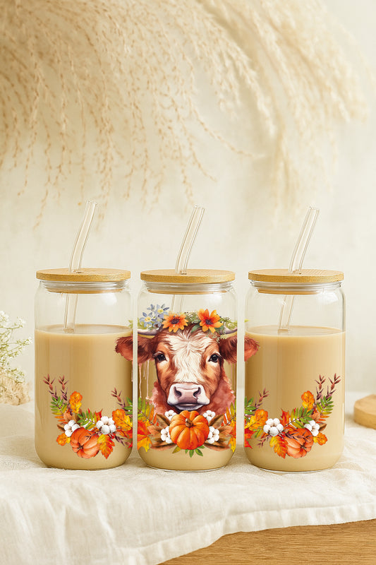Floral Cow and Pumpkins Design Tumbler, Eco-Friendly, Autumn Style