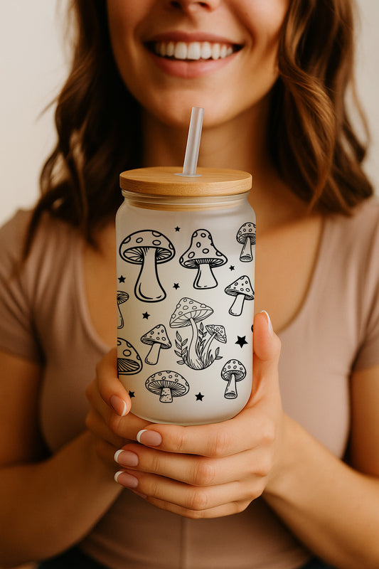 Botanic Smoothie Cup, Aesthetic Glass Tumbler with Mushroom-Inspired Design