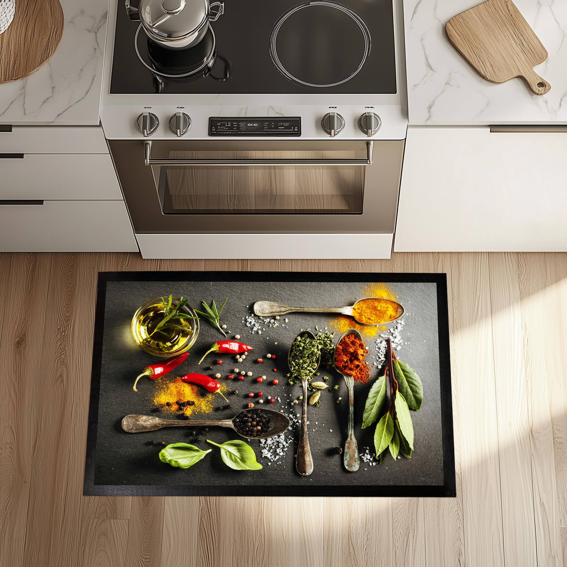 Colorful Spice Print Kitchen Mat, Herb Illustration Rug for Sink