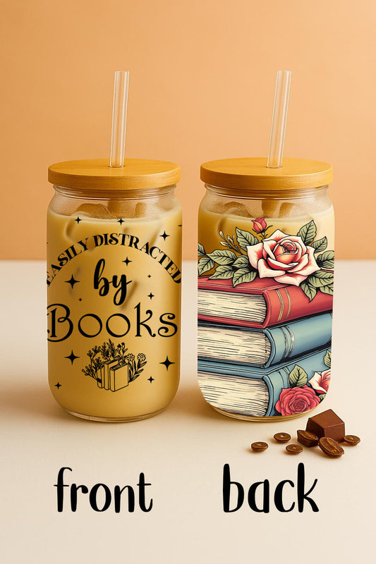 Floral Book Design Glass Tumbler, Ideal Gift for Book Lovers