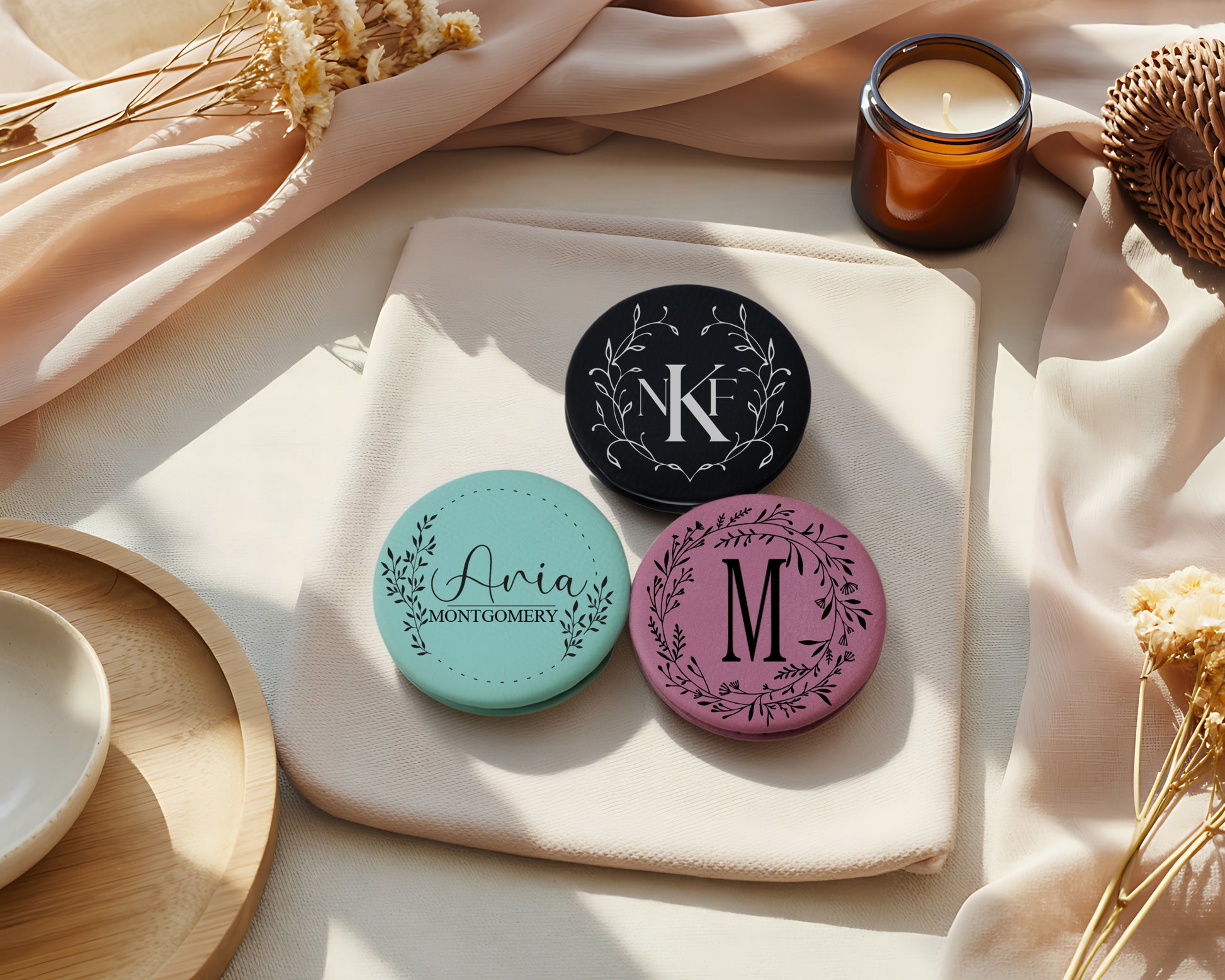 Customizable Vegan Leather Compact Mirror, Personalized Monogram Portable, Valentine's Day.
