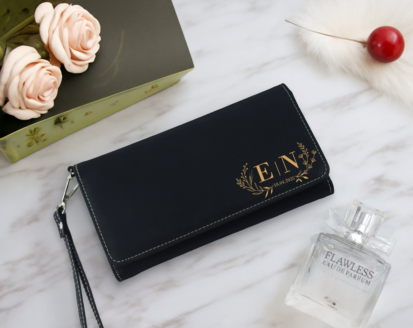 Engraved Vegan Leather Clutch, Custom Initial & Date Wristlet - Perfect Gift