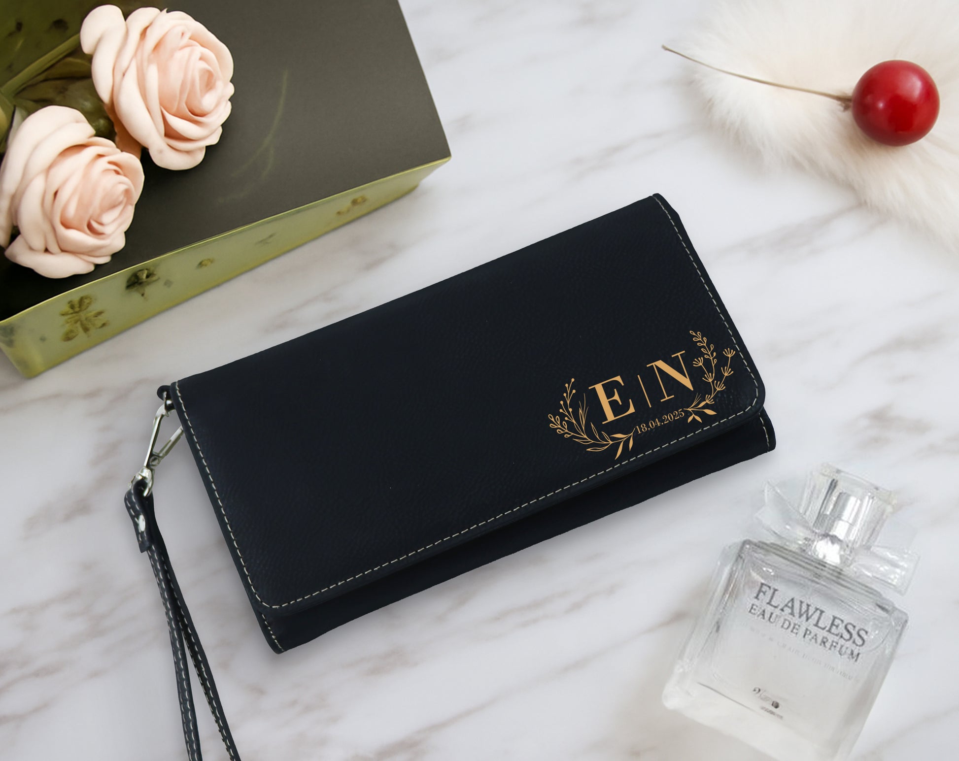 Engraved Vegan Leather Clutch, Custom Initial & Date Wristlet - Perfect Gift