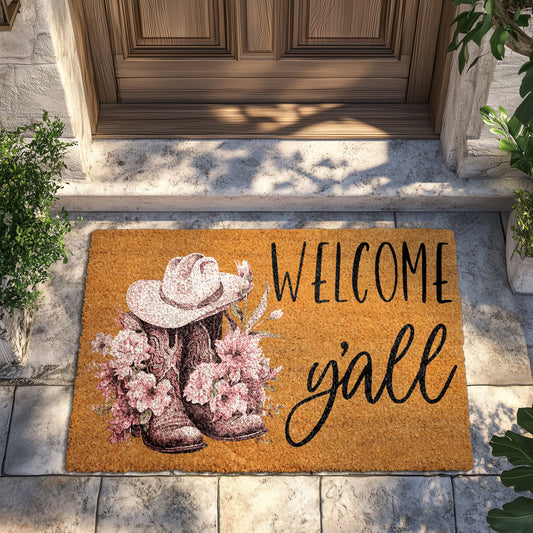 Pink Cowboy Boots and Hat Welcome Mat for Western Home.