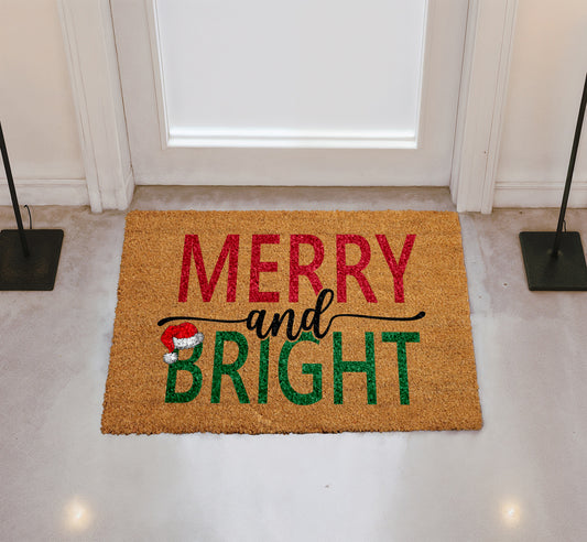 Winter Festive Front Porch Rug, Merry And Bright Doormat, Cozy Christmas Welcome Mat