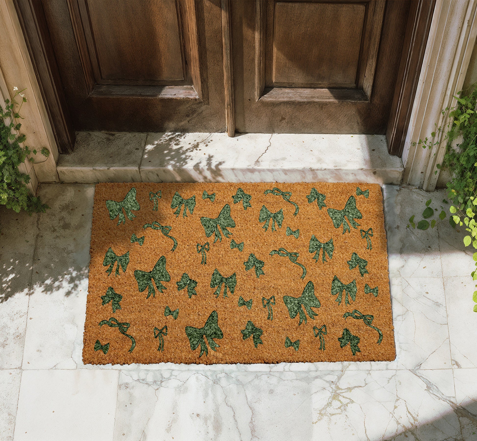 Festive Holiday Bow Pattern Coquette Doormat, Housewarming Gift Xmas Rug