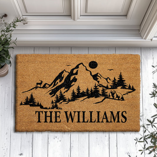 Retro Mountain Family Welcome Mat, Personalized Outdoor Adventure Home Decor