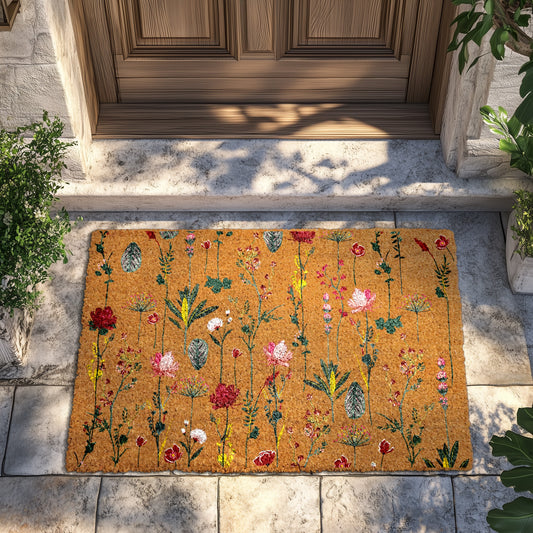 Boho Floral Welcome Mat, Colorful Spring Blossom Doormat, Charming Entrance Rug