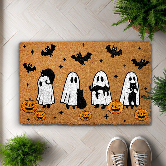 Cats & Bats Halloween Doormat, Spooky Cats, Cute Ghosts Welcome Mat