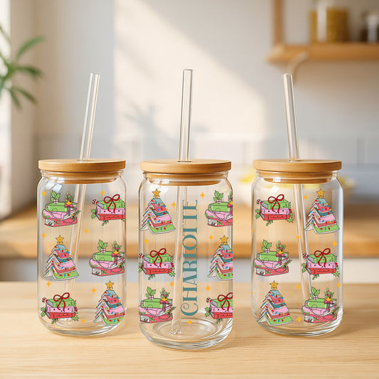 Book Lover Christmas Can Glass: Festive Book Tree Design Cup