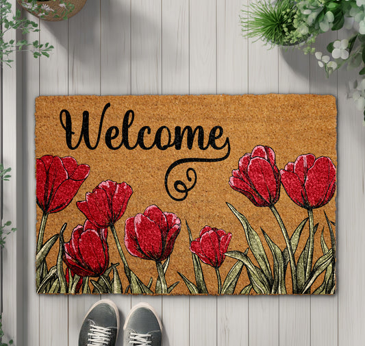 Cottage Style Entrance Rug: Red Tulips Welcome Doormat, Garden Lover's Favorite