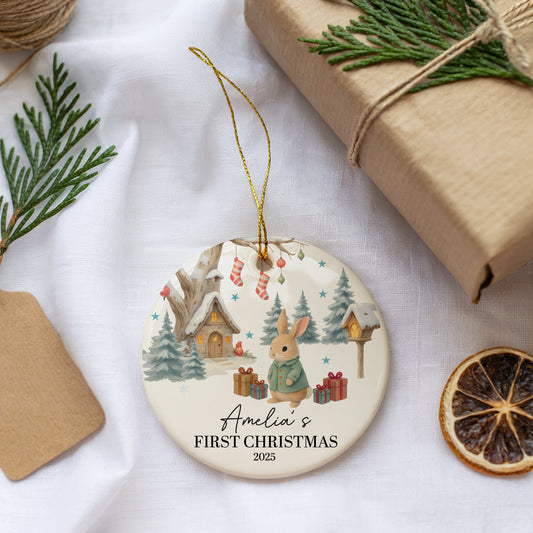 Personalized Bunny Baby's First Christmas Ornament, Ceramic Xmas Keepsake Gift
