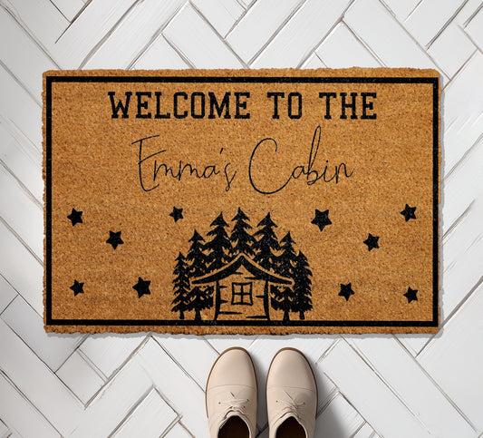 Custom Cabin Doormat, Personalized Pine Tree Decor, Rustic Housewarming Gift