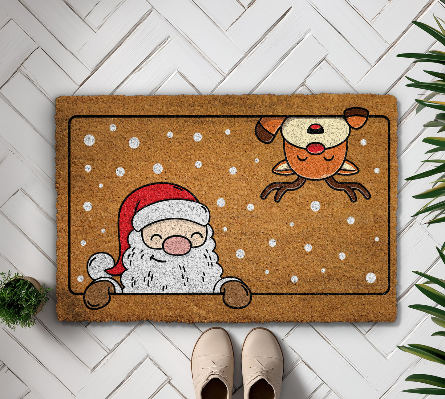 Festive Santa and Reindeer Doormat for Cozy Christmas Welcome.